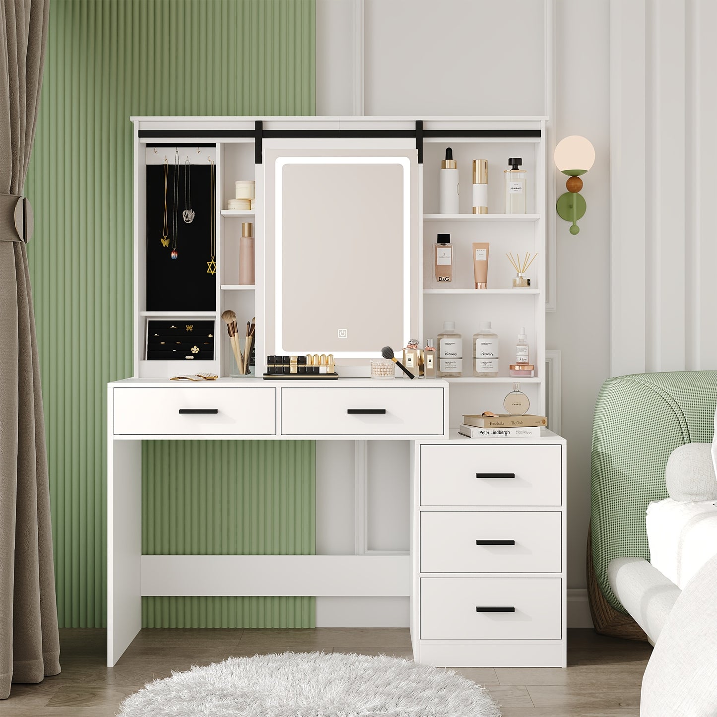 Make-up Tafel – Schminktisch – Kaptafel – Visagie Tafel – Dressing Table – Verstelbare LED-Verlichting – Grote Afneembare Spiegel – 5 Lades – Zijtafeltje – Wit