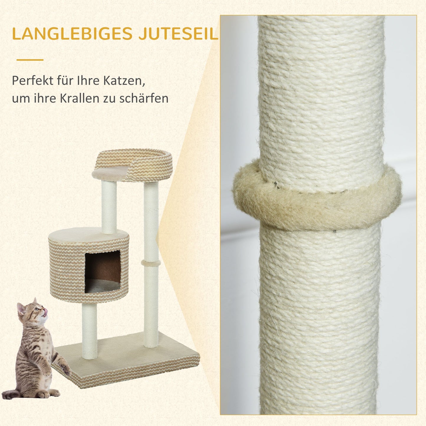 Kattenboom – Krabpaal – Klimboom – Kattenmeubel – Kattenhuis – Beige en Coffee – Natuurlijke Jute Krabpalen – Stevige E1 Spaanplaat 61x41x96 cm