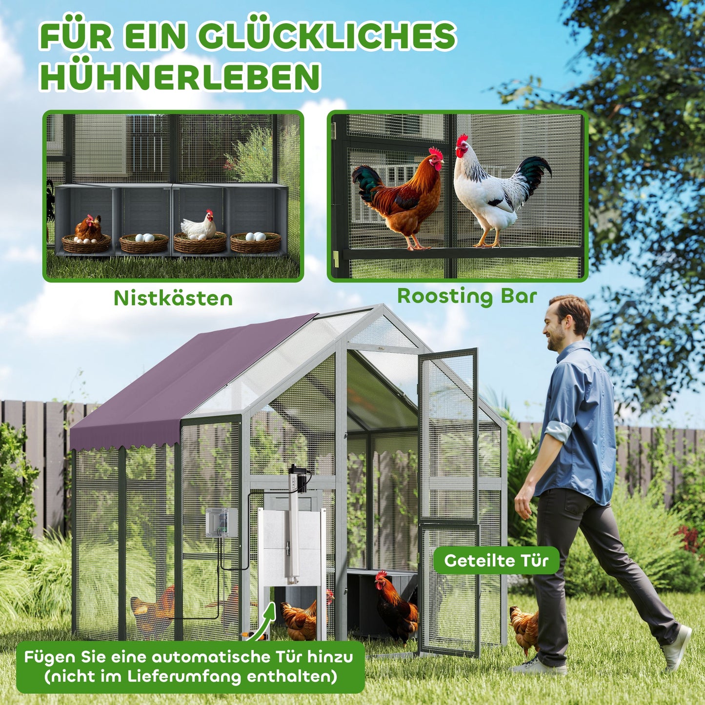 Kippenren – Kippenhok – Hennenren – Kip Verblijf – Kip schuilstal – Waterdicht Dak – 2 Nestkasten En 2 Zitstokken – Ruim Voor 6-8 Kippen – 1,7x1,8x1,8 Meter