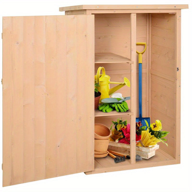Weather-resistant garden shed with shelf boards, 75 x 56 x 115cm, natural wood, Storage Shed with Floor, Backyard Shed, Equipment Shelter, Rustic Shed, Sturdy Construction, Metal Frame, Reinforced Structure, Shelving Unit, Pr