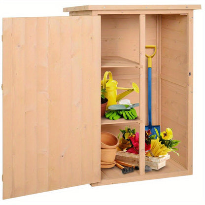 Weather-resistant garden shed with shelf boards, 75 x 56 x 115cm, natural wood, Storage Shed with Floor, Backyard Shed, Equipment Shelter, Rustic Shed, Sturdy Construction, Metal Frame, Reinforced Structure, Shelving Unit, Pr