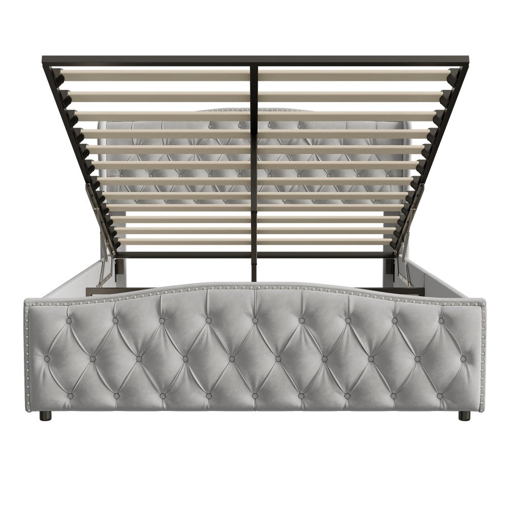 Tweepersoonsbed – Bed met Opbergruimte – Opbergbed – Boxspring – Staanderbed – Grijs 160x200 cm – Stevig MDF Frame – Luxe Fluwelen Bekleding