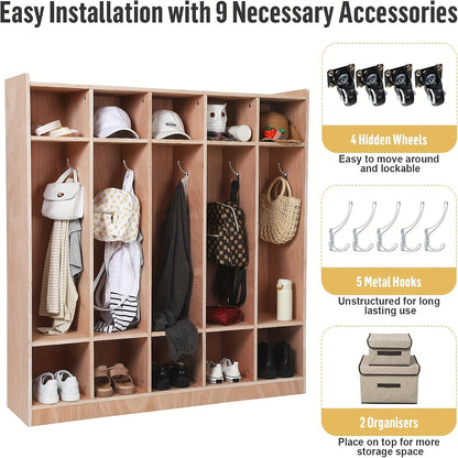 Large Entryway Storage Cabinet with 5 Large & 10 Small Compartments, Heavy-Duty Non-Wood Organizer with - Easy Assembly -Standing Coat Rack for Hallway, Foyer, Lobby - Compatible with most entryway layouts
