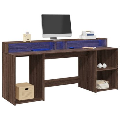 Houten Bureau – Werkplek Tafel – Laptop Bureau – Computer Desk – Studiebureau – RGB LED Verlichting – 200x55x91 cm Bruin Eiken