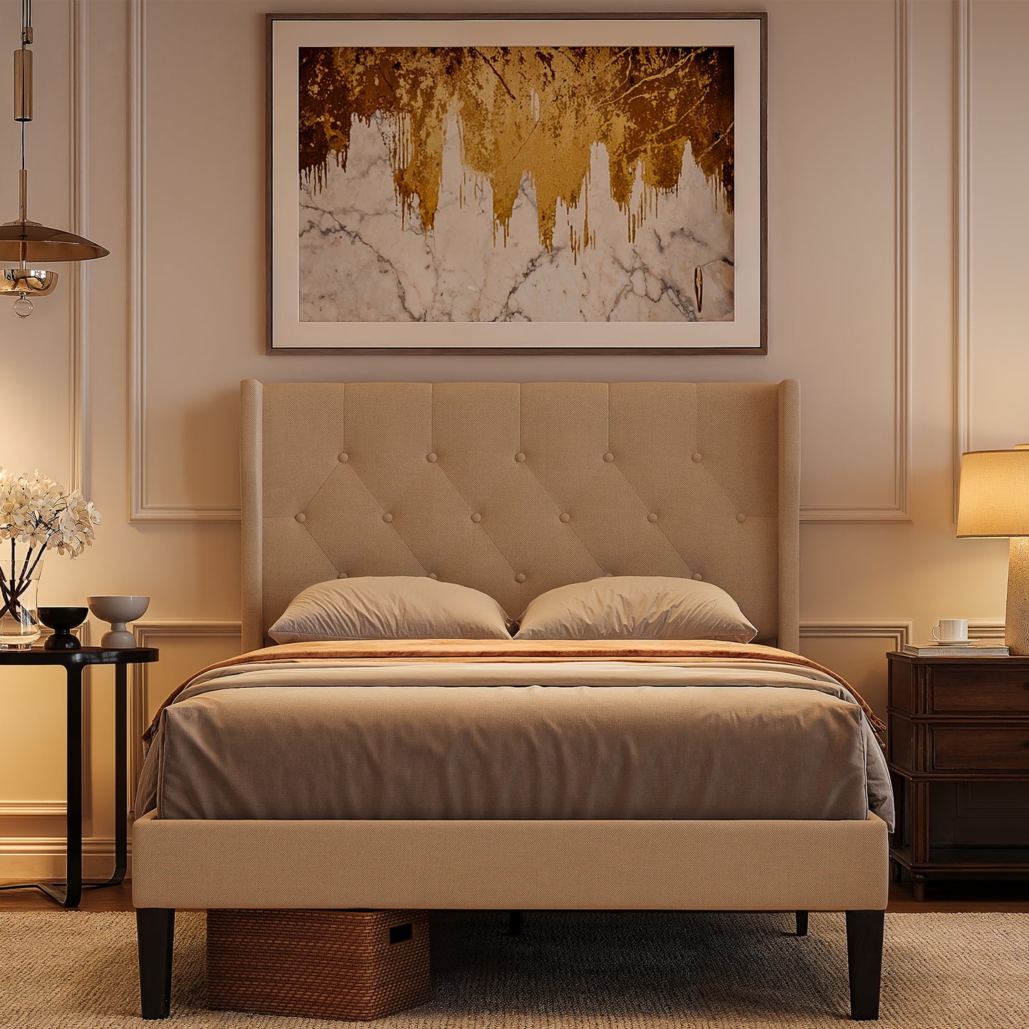 Bedframe – Bedombouw – Ledikant – Slaapbank – Bedbasis – Beige Kleur – Stevige Hardhout Metalen Constructie – 20 cm Opbergruimte Onder Bed