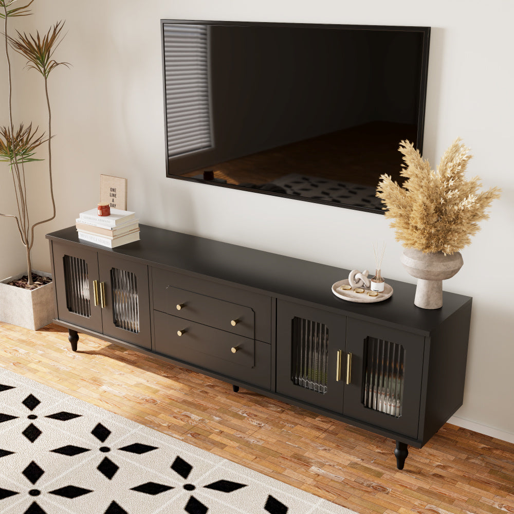 Retro TV-kast – TV Meubel – Lowboard – Mediameubel – Dressoir – Zwart Met Gouden Accenten – Push-to-Open Lades – Stevige Houten Poot Met Metaal