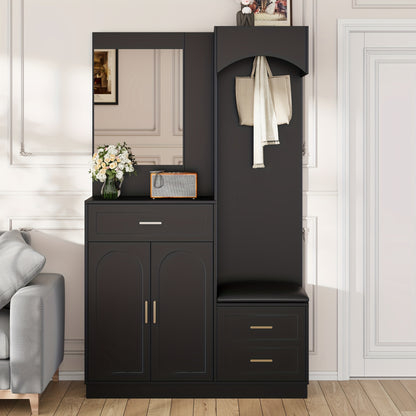 Modern Compact Wardrobe & Shoe Cabinet with Mirror - Freestanding Storage Cabinet with Adjustable Shelves, Doors & Drawers, Space-Saving Multifunctional Furniture for Small Spaces, Classic Contemporary Design, No Electrical R
