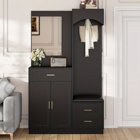 Modern Compact Wardrobe & Shoe Cabinet with Mirror - Freestanding Storage Cabinet with Adjustable Shelves, Doors & Drawers, Space-Saving Multifunctional Furniture for Small Spaces, Classic Contemporary Design, No Electrical R