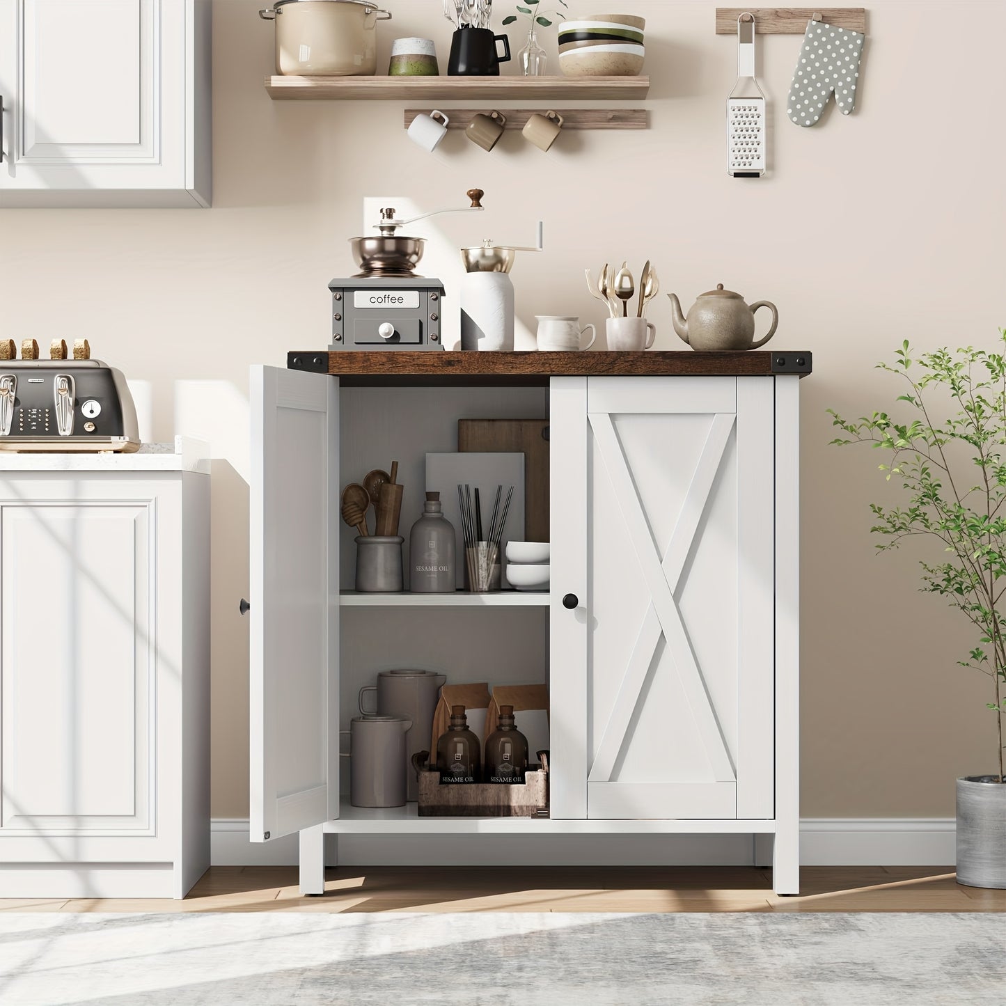 Dressoir – Opbergkast – Ladekast – Buffetkast – Kast – Landelijk Design – 2 Deuren Met X-Patroon – Verstelbare Legplanken – Hardhouten Accent – Vrijstaand