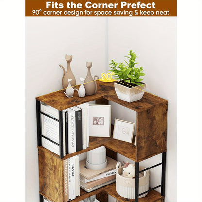 Hoekboekenplank – Hoekrek – Boekenrek – Opbergkast – Boekenkast – Industrieel Design – 7 Lagen – Stalen Frame – 188 cm Hoog – Zwart/Bruin