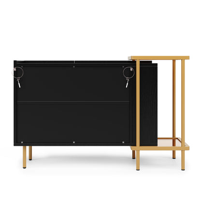 BTM Sideboard Cabinet with 2 Doors & 2 Open Shelves (Sideboard, Dresser, Storage Cabinet), Metal Frame, Glass Top, 120×40×77.5 Cm
