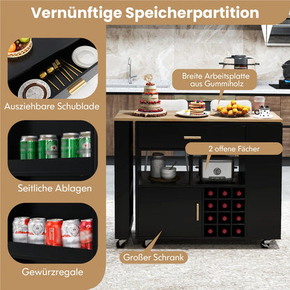 Keukentrolley – Keukenwagen – Keukenkar – Serveertrolley – Keukenmeubel – Zwenkwielen Met Remmen – Wijnrek Voor 12 Flessen – Zwart