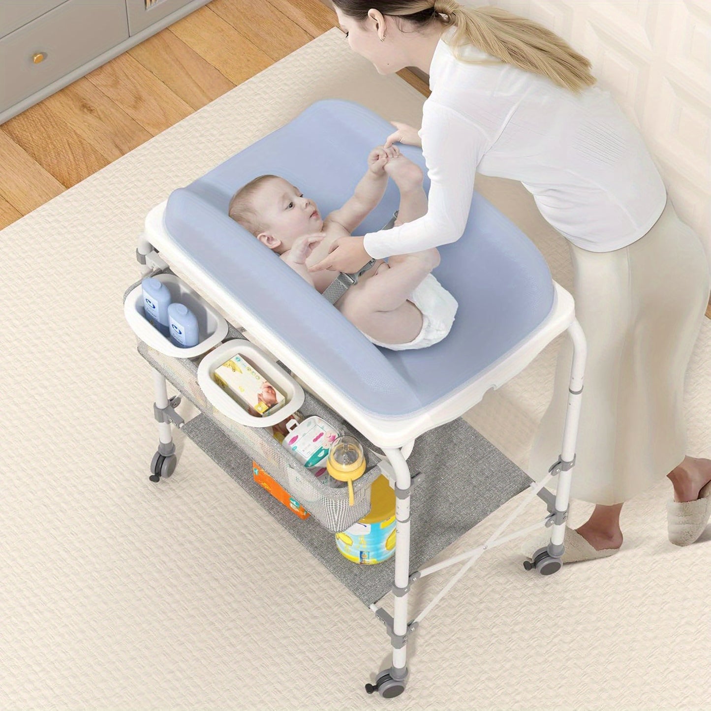 Commode – Ladekast – Opbergkast – Babykamermeubel – Verschoontafel – 4-in-1 Babyverschoontafel Met Inklapbaar Badje – Duurzaam Metaal & Oxford Stof – Max. Draagkracht 50 Kg