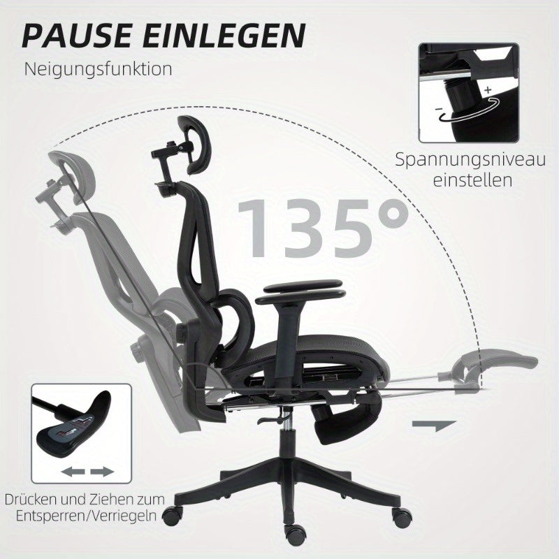 Bureaustoel – Ergonomische Stoel – Office Chair – Draaistoel – Kantoorstoel – Verstelbare Mesh Rugleuning – 3D Armleuningen & Lendensteun – Ademend Zwart – Kantelfunctie, Voetensteun & Jashanger