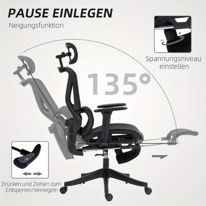 Bureaustoel – Ergonomische Stoel – Office Chair – Draaistoel – Kantoorstoel – Verstelbare Mesh Rugleuning – 3D Armleuningen & Lendensteun – Ademend Zwart – Kantelfunctie, Voetensteun & Jashanger