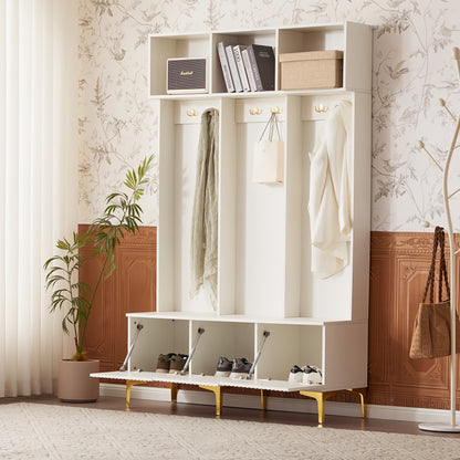 Witte Houten Kapstok – Wandkapstok – Garderoberek – Kapstok met Zitbank – Schoenkast – 4 Haken – Cushioned Opbergstoel – H180xB100xD35 cm