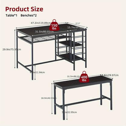 3-delige Eettafelset – Eettafel Met Banken – Tafeltje Met Opbergruimte – Barkrukset – Bankenset – Compact Ruimtebesparend Ontwerp – Stevig Hout Metaal Grijs