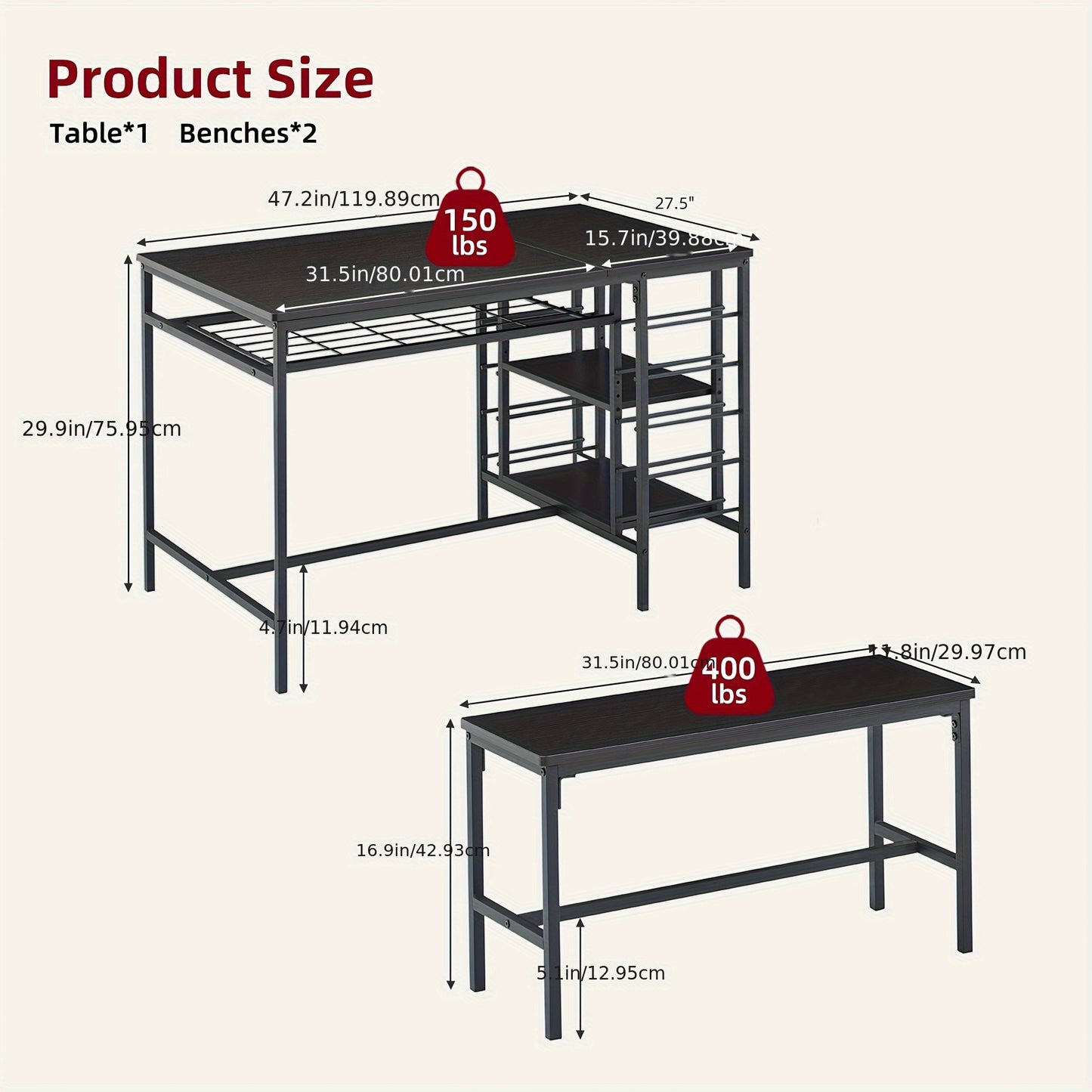 Drie-Delige Tafel- en Bankenset – Tafelset – Eettafelset – Buitentafelset – Meubelset – Zwart – Met Opbergruimte – Duurzaam Metaal en Hout