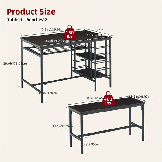 Drie-Delige Tafel- en Bankenset – Tafelset – Eettafelset – Buitentafelset – Meubelset – Zwart – Met Opbergruimte – Duurzaam Metaal en Hout