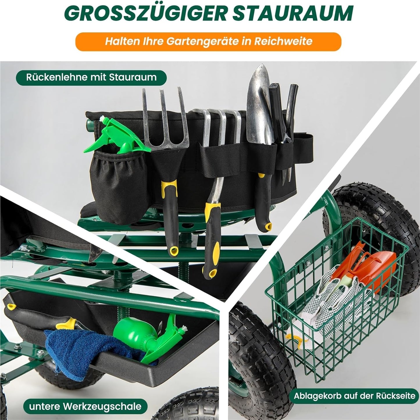 Tuinstoel – Tuinstoelen – Tuinwagen – Tuinmeubel – Tuinkruk – 360° Draaibaar – In Hoogte Verstelbaar – Met Wielen – Met Opbergruimte – Met Kussen – Max 150 kg – Groen Metalen Frame