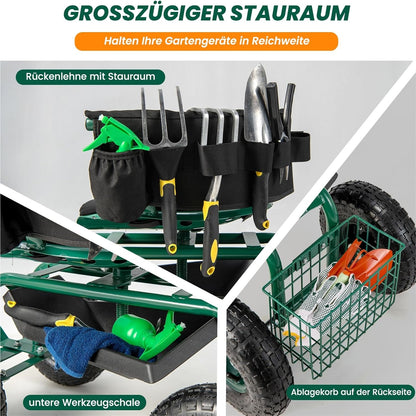 Tuinstoel – Tuinstoelen – Tuinwagen – Tuinmeubel – Tuinkruk – 360° Draaibaar – In Hoogte Verstelbaar – Met Wielen – Met Opbergruimte – Met Kussen – Max 150 kg – Groen Metalen Frame