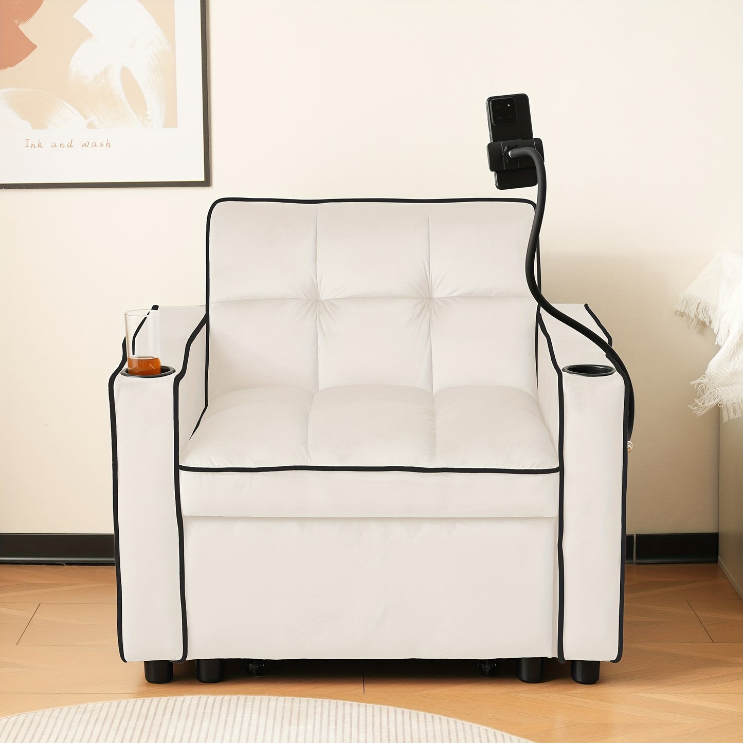 3-in-1 Foam Bank – Slaapbank – Loungestoel – Armstoel – Slaapstoel – Beige – Comfortabele Schuimvulling – Ingebouwde Cup- en Telefoonhouders
