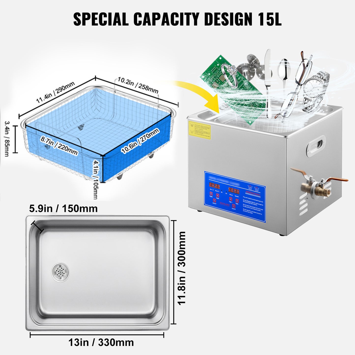 Ultrasone Reinigingsmachine – Ultrasoon Cleaner – Sieraden Reiniger – RVS Reinigingsapparaat – Digitale Timer – 15 Liter Inhoud – Roestvrij Staal & Verwarming