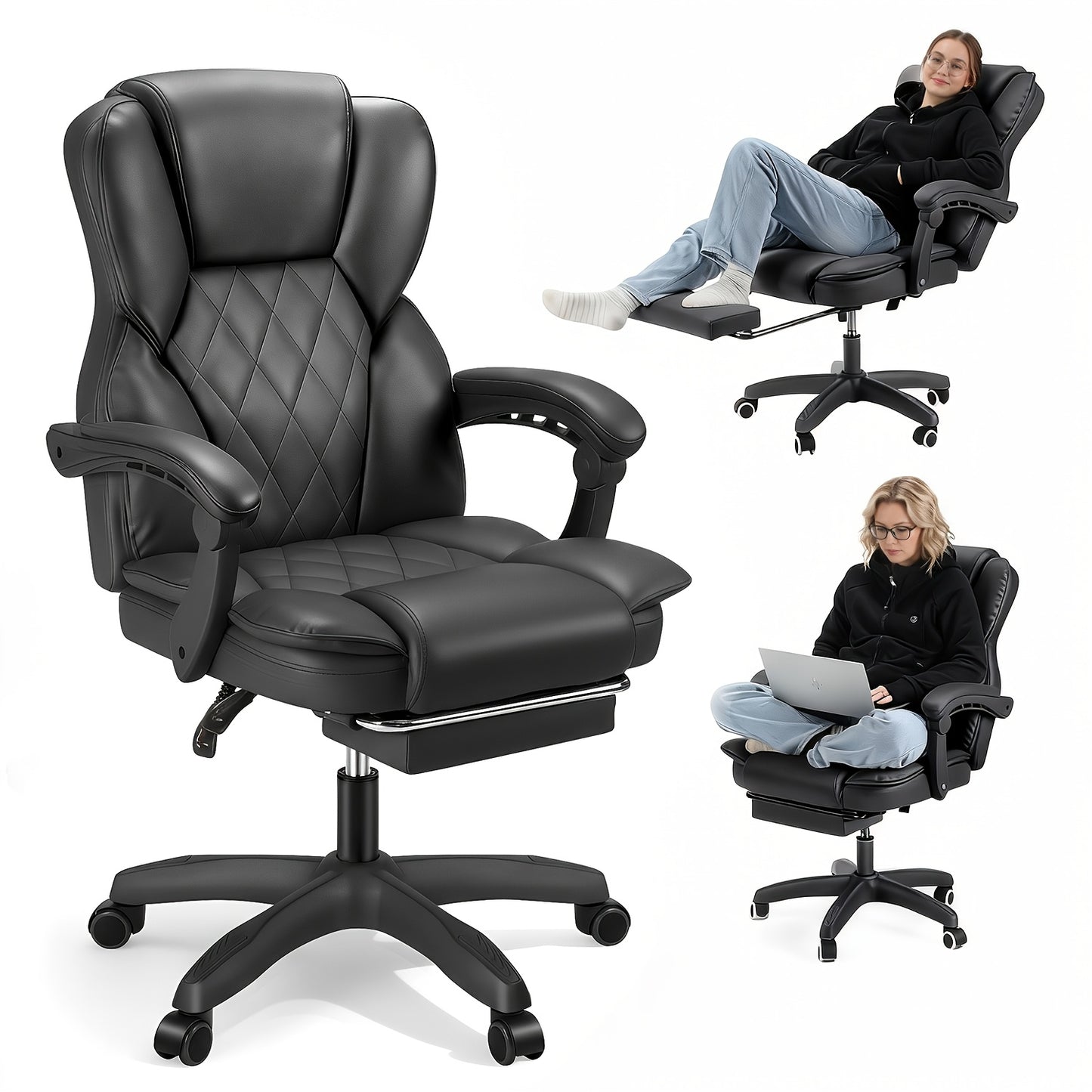 Executive Office Chair with Footrest | Ergonomic Recliner, Adjustable Back Rest, Heavy Duty 360° Swivel, Lumbar Support, Stainless Steel Frame - Oyajia