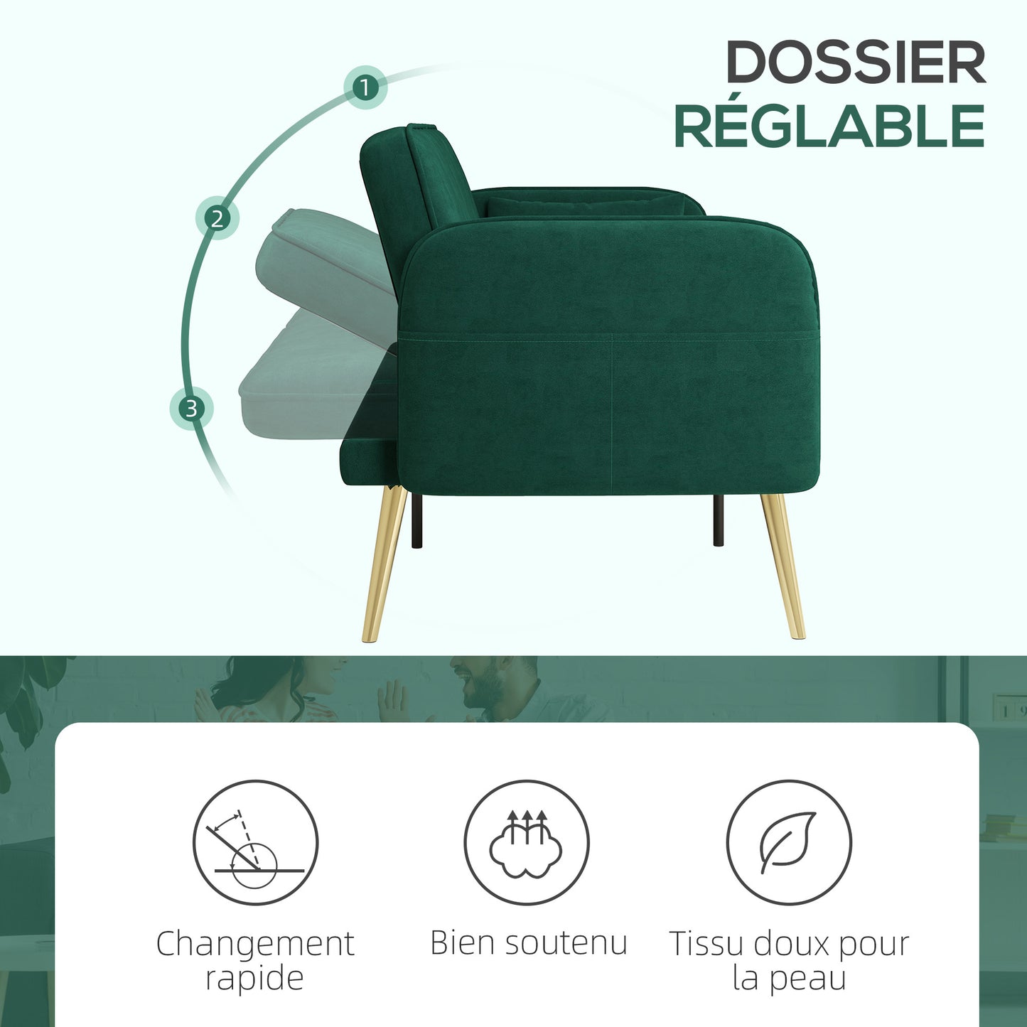 2-Zits Slaapbank – Tweepersoonsbed – Klikklak Bank – Sofa Bed – Slaapbank Donkergroen – Verstelbare Rugleuning – Velvet Bekleding