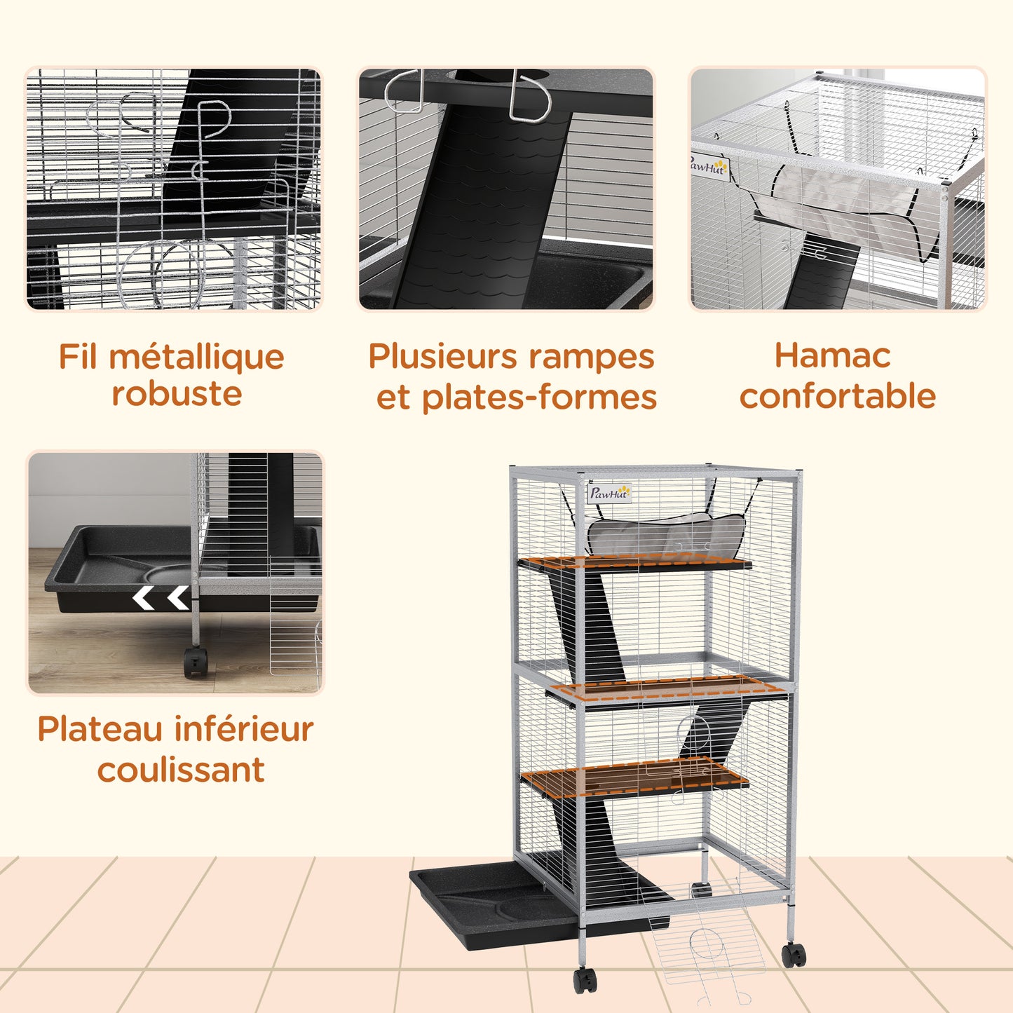 Dierenkooi – Knaagdierkooi – Chinchillakooi – Frettenkooi – Kleine Dieren Kooi – Met 4 Wielen En 2 Deuren – 3 Ramps En Hangmat – Wit – Metaal – 52x52x113,5 cm