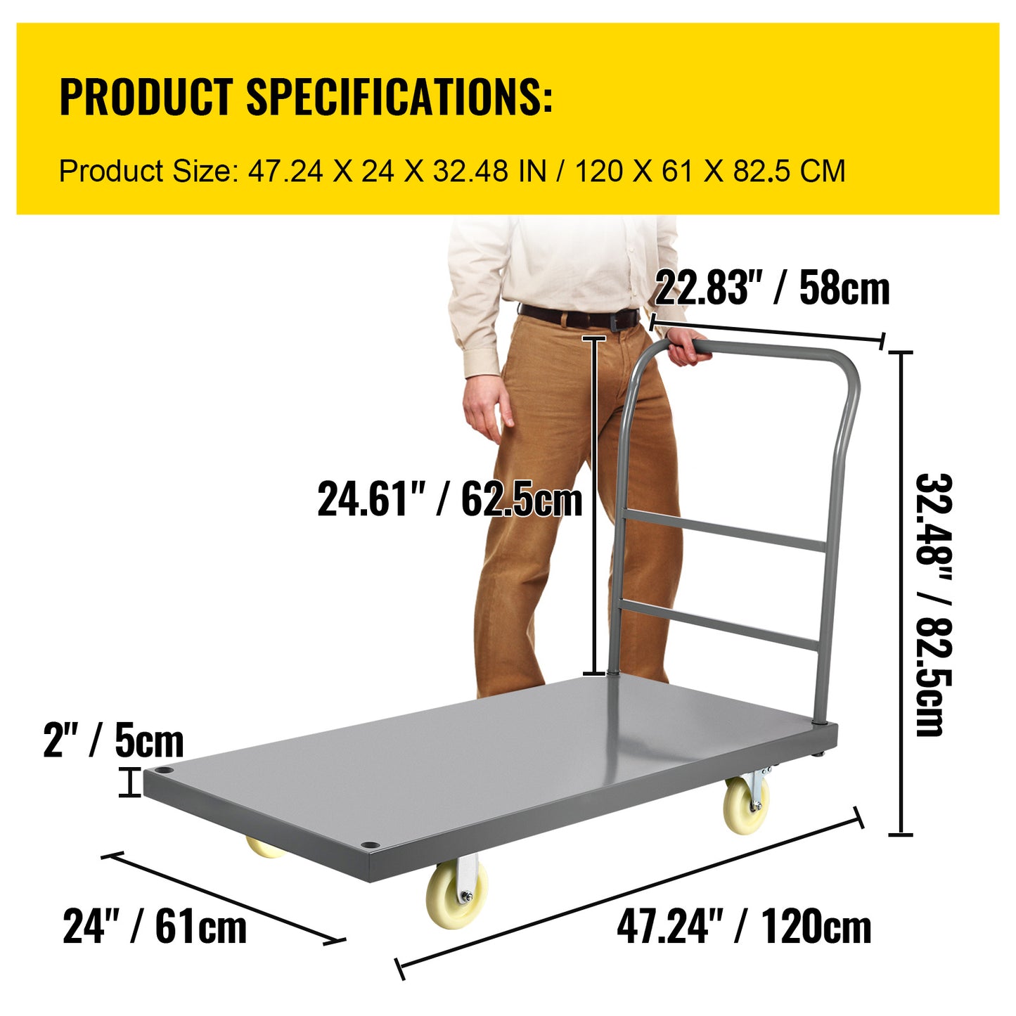 Palletwagen – Platformwagen – Pompwagen – Transpallet – Handwagen – 900 kg Draagvermogen – Stalen Frame met Nylon Zwenkwielen