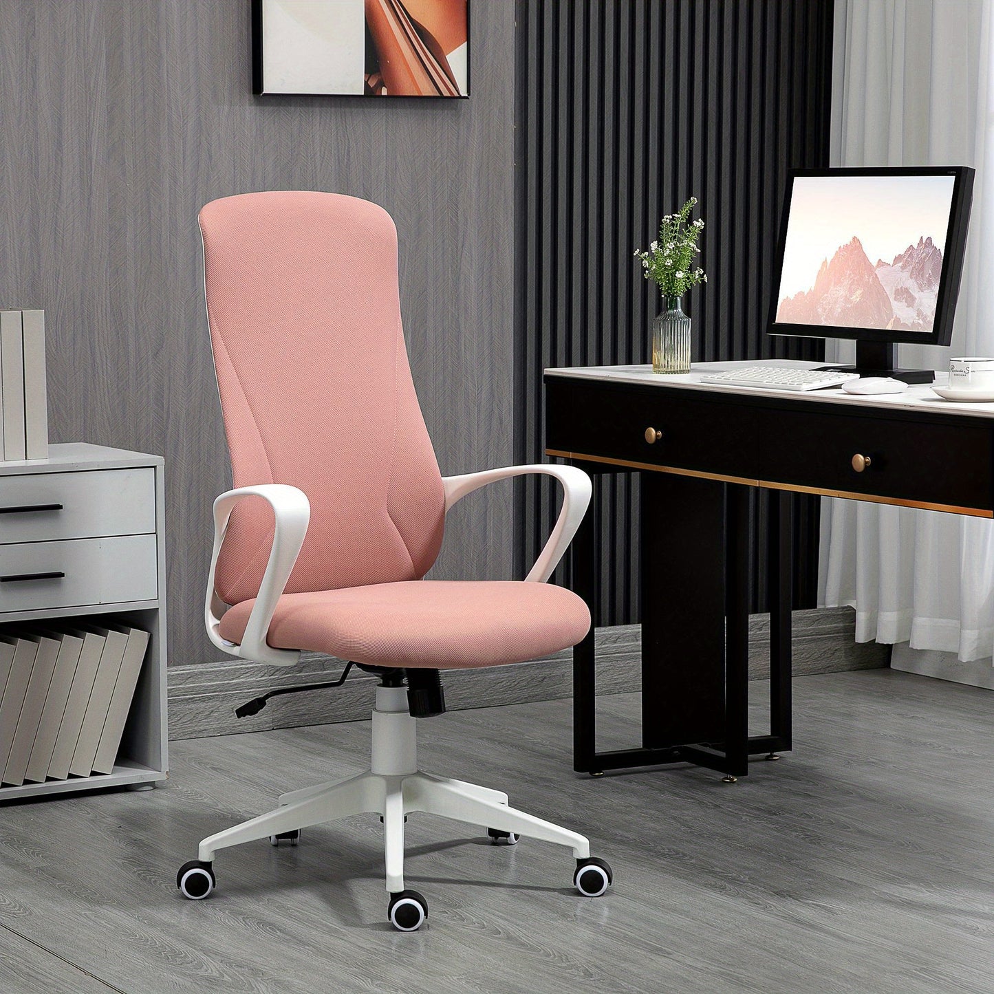 Bureaustoel – Ergonomische Stoel – Office Chair – Kantoorstoel – Bureaustoelen – Verstelbare Rugleuning – Hoogte Verstelbaar – Roze – Met Houten Elementen