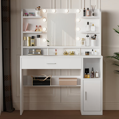 Kaptafel – Make-up Tafel – Dressing Table – Cosmeticatafel – Spiegeltafel – Wit – LED Verlichting Met Instelbare Helderheid – Opberglades En Open Vakken