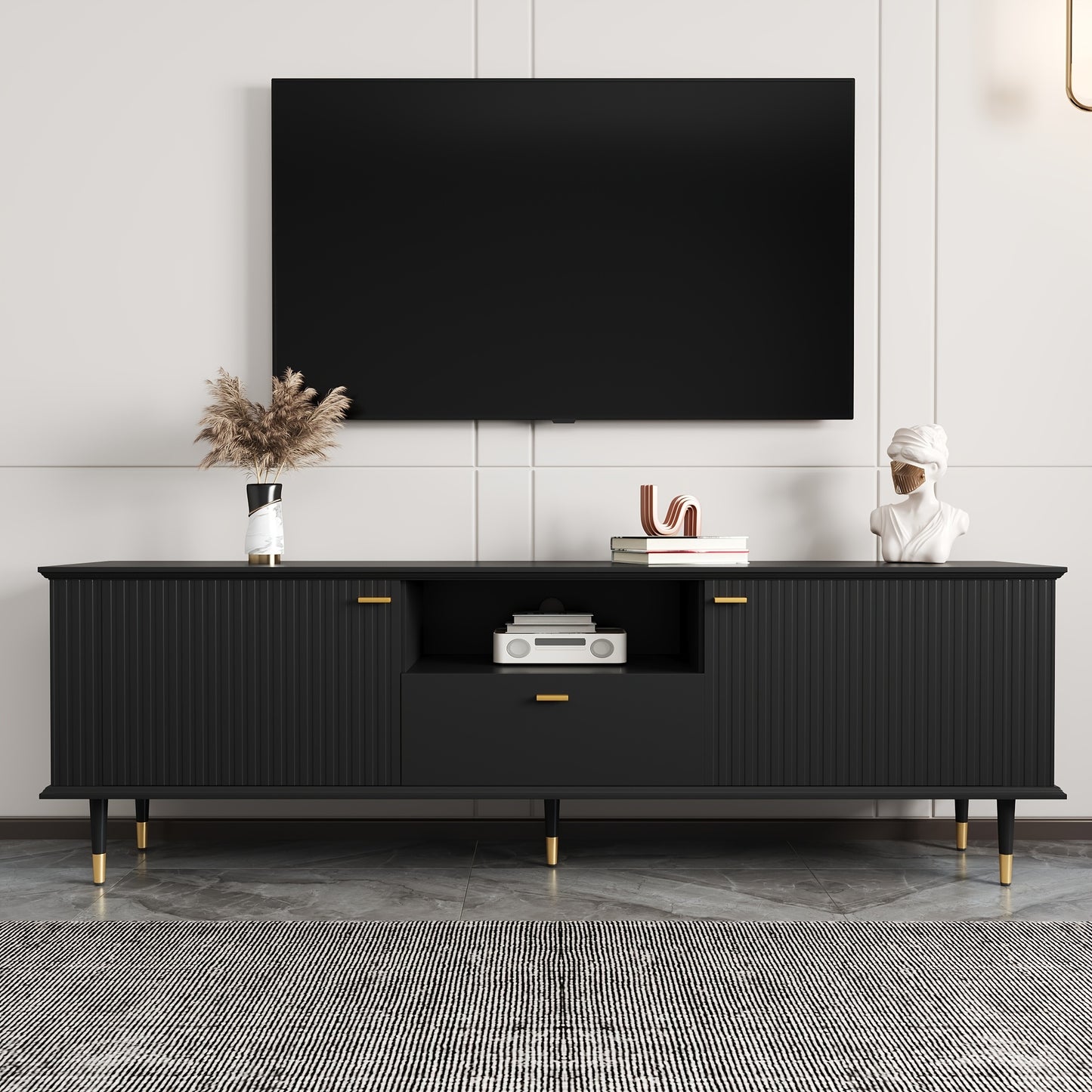tv-meubel – tv-standaard – tv-kast – entertainmentmeubel – dressoir – Zwarte Uitvoering – Soft-Close Deuren – Gouden Accent Poten