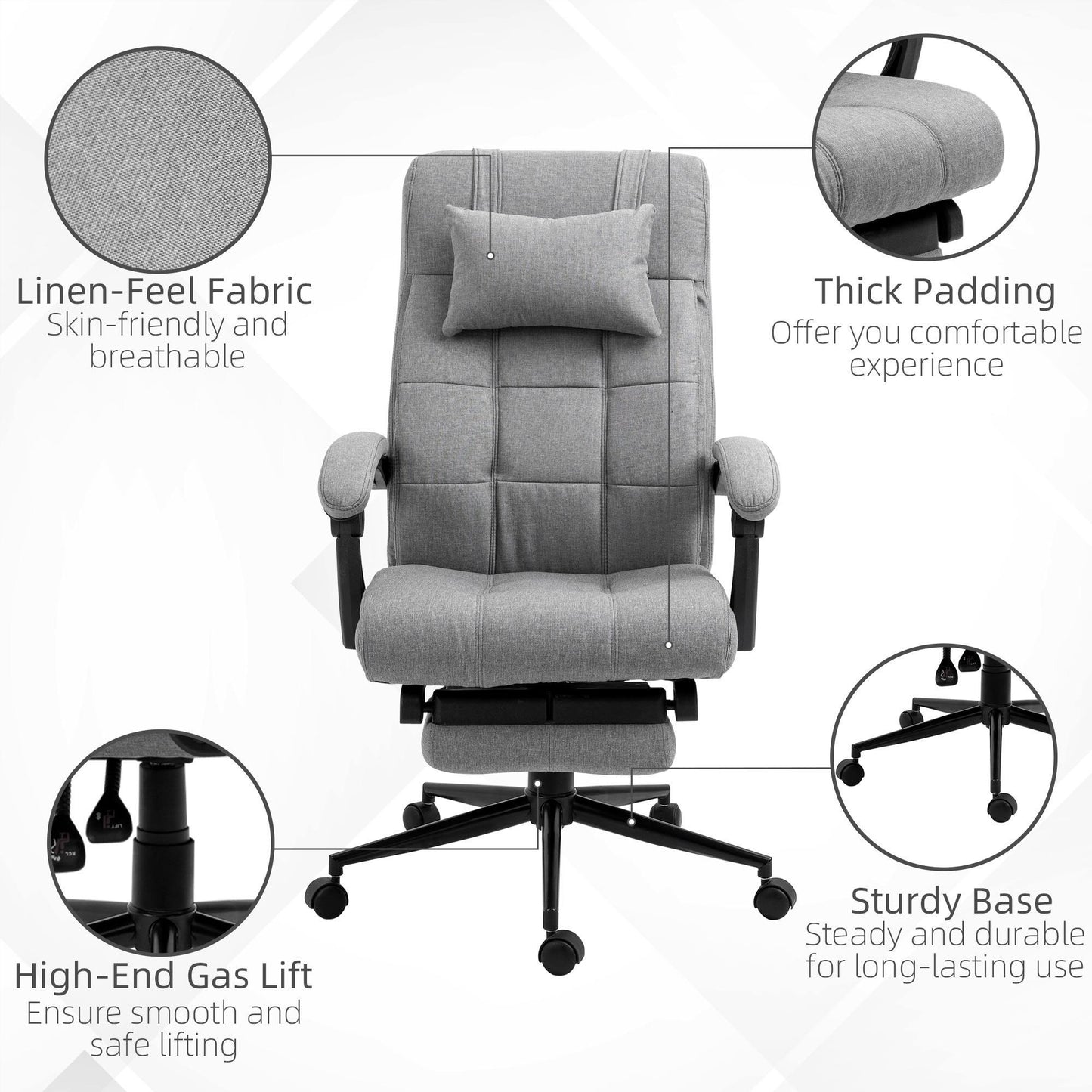Bureaustoel – Kantoorstoel – Office Chair – Gamestoel – Bureau Stoel – Verstelbare zithoogte 47-55 cm – Pneumatisch kantelbare rugleuning 90-155° – Met hoofdsteun en armleuningen – Ademend linnen met stevig houten frame
