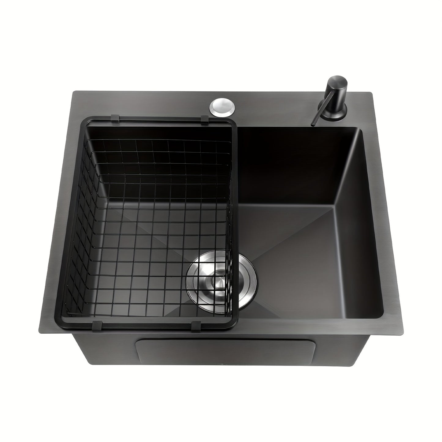 Enkele Spoelbak – Keukenspoelbak – Wastafel – Inbouwspoelbak – Zwarte Spoelbak – Roestvrij Staal 201 – Nano-Coating & X-vormige Waterafvoer – Ingebouwde Zeepdispenser 150ml