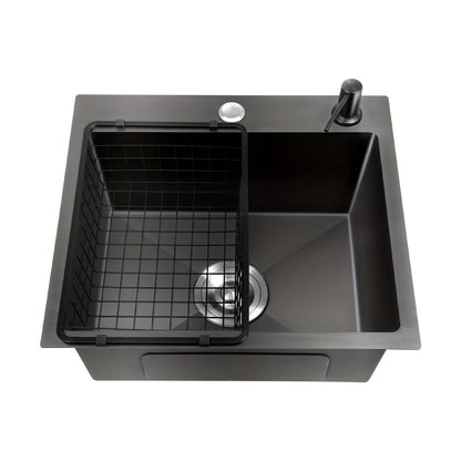 Enkele Spoelbak – Keukenspoelbak – Wastafel – Inbouwspoelbak – Zwarte Spoelbak – Roestvrij Staal 201 – Nano-Coating & X-vormige Waterafvoer – Ingebouwde Zeepdispenser 150ml