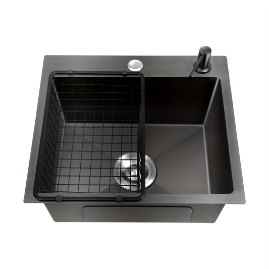 Enkele Spoelbak – Keukenspoelbak – Wastafel – Inbouwspoelbak – Zwarte Spoelbak – Roestvrij Staal 201 – Nano-Coating & X-vormige Waterafvoer – Ingebouwde Zeepdispenser 150ml