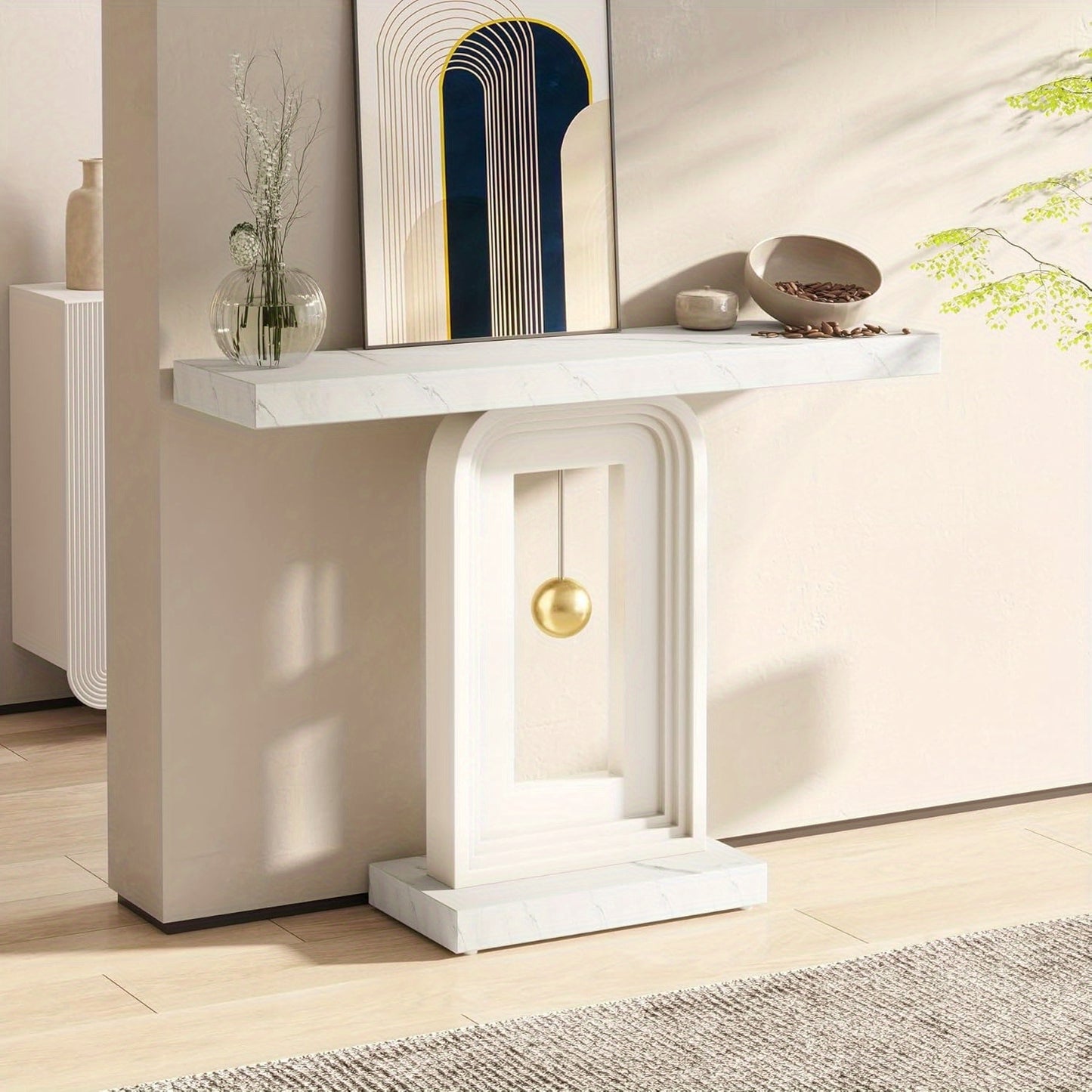 Sidetable – Consoletafel – Haltafel – Sofa Tafel – Narrow Table – Wit Kunstmarmer Blad – Pendulum Vormige Houten Onderstel – Modern Minimalistisch Design – Duurzaam MDF