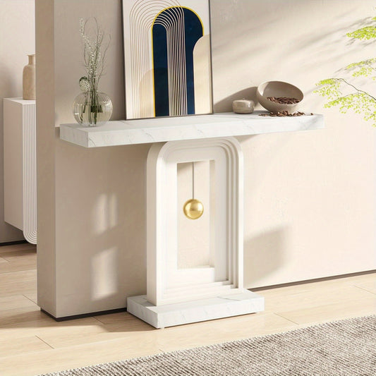 Sidetable – Consoletafel – Haltafel – Sofa Tafel – Narrow Table – Wit Kunstmarmer Blad – Pendulum Vormige Houten Onderstel – Modern Minimalistisch Design – Duurzaam MDF