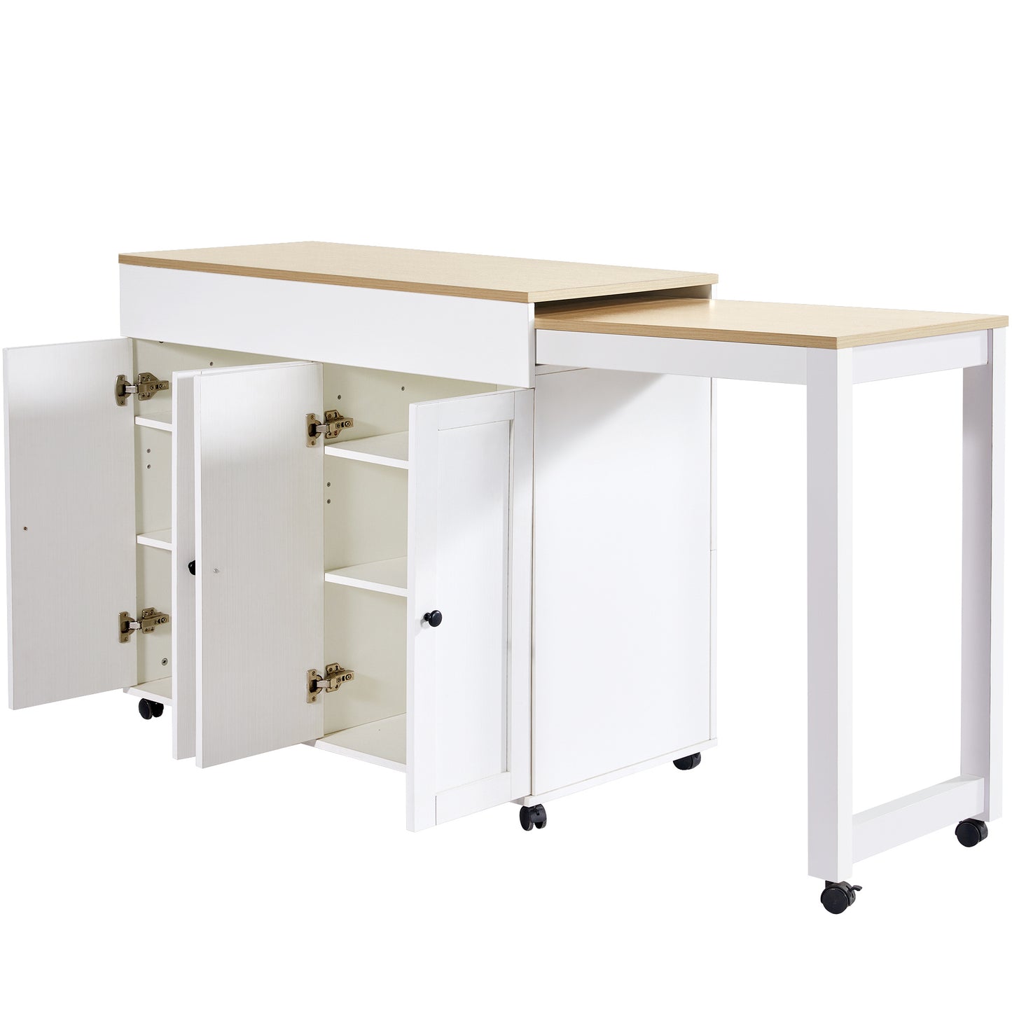 Uittrekbare Bar-/Eettafel – Uitschuiftafel – Keukentafel – Statafel – Werktafel – Met 6 Opbergruimtes – Verstelbaar Tafelblad 118-180 cm – Houtlook Wit