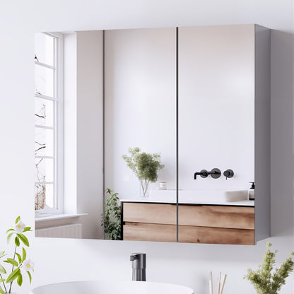 Badkamerspiegel – Spiegelkast – Wandkast – Opbergkast – Spiegelwandkast – 3 Spiegeldeuren – Verstelbare Plank – Wit – Chipboard & Glas