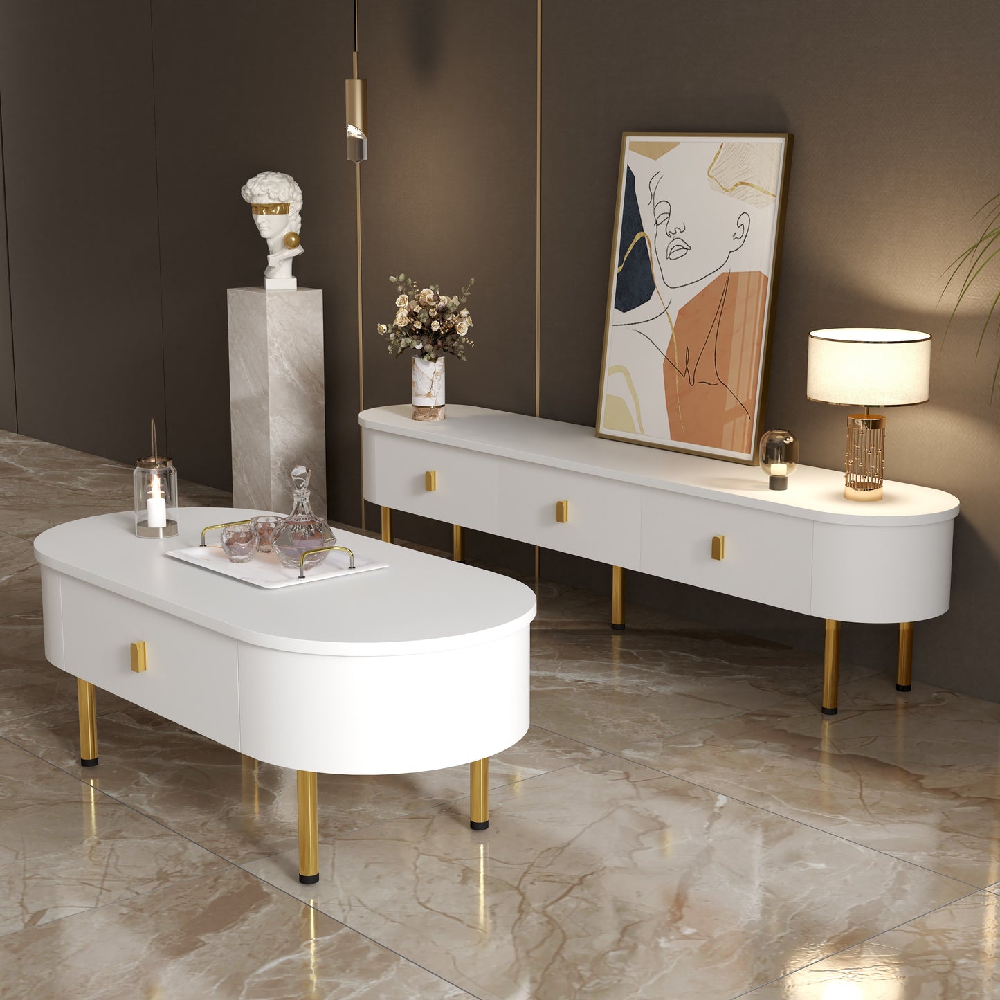 TV Meubelset – Tv Meubel – Salontafel – Lowboard – Woonkamermeubel – Afgeronde Vormen – Gouden Accenten – MDF Wit – Ruime Lades