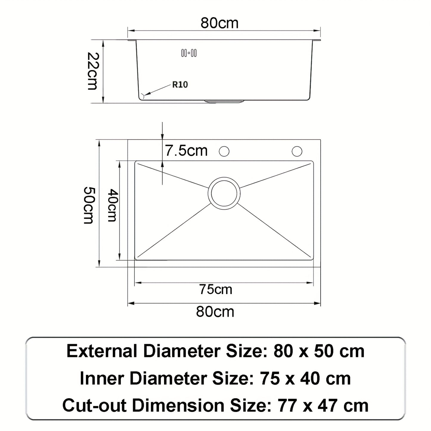 Spoelbak – Keukenspoelbak – Enkele Bak – RVS Spoelbak – Onderbouw Spoelbak – 80x50 cm – Extra Diep 22 cm – Inclusief Afvoerset en Zeepdispenser
