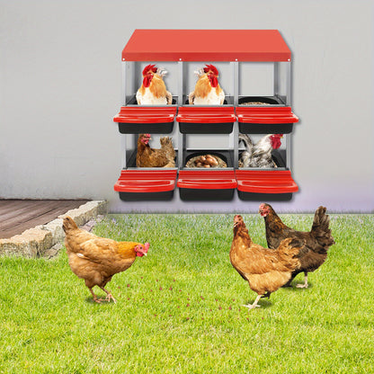 Kippennestkast – Legnestkast – Nestkast Voor Kippen – Kippenhok Nest – Eiernestkast – 6 Compartimenten – Gegalvaniseerd Staal en Kunststof – Automatisch Eierrolsysteem – Ventilatie – Rood