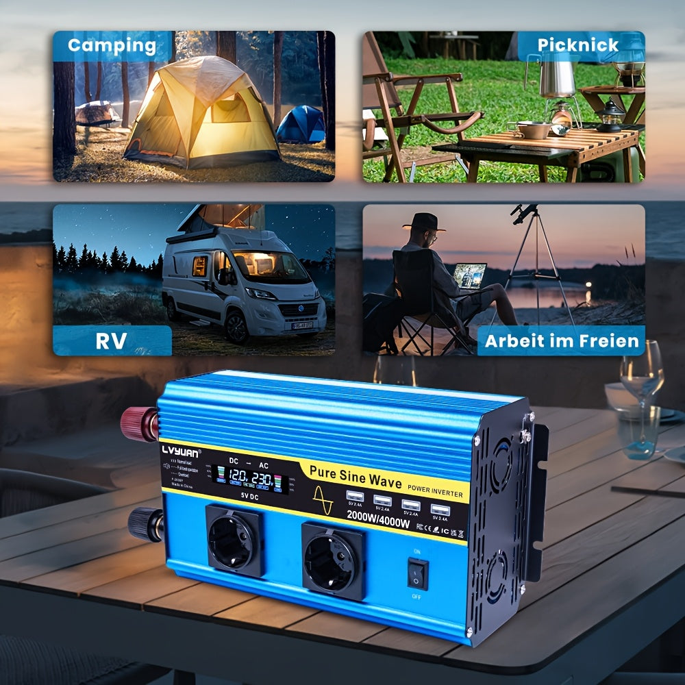 Pure Sine Wave Omvormer – Stroomomzetter – Spanningsomvormer – DC naar AC Converter – Autoinverter – 2000W Vermogen – LCD Display en 4 USB Poorten