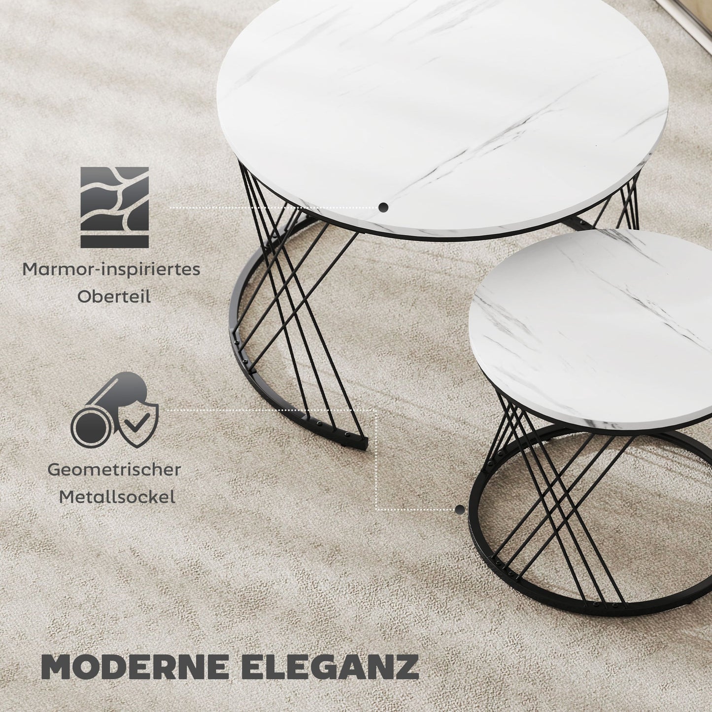Salontafel – Koffietafel – Bijzettafel – Ronde Tafel – Nestbare Tafel – Marmerlook – Metaal & Spaanplaat – Set van 2 – Ø70 & Ø44,5 cm