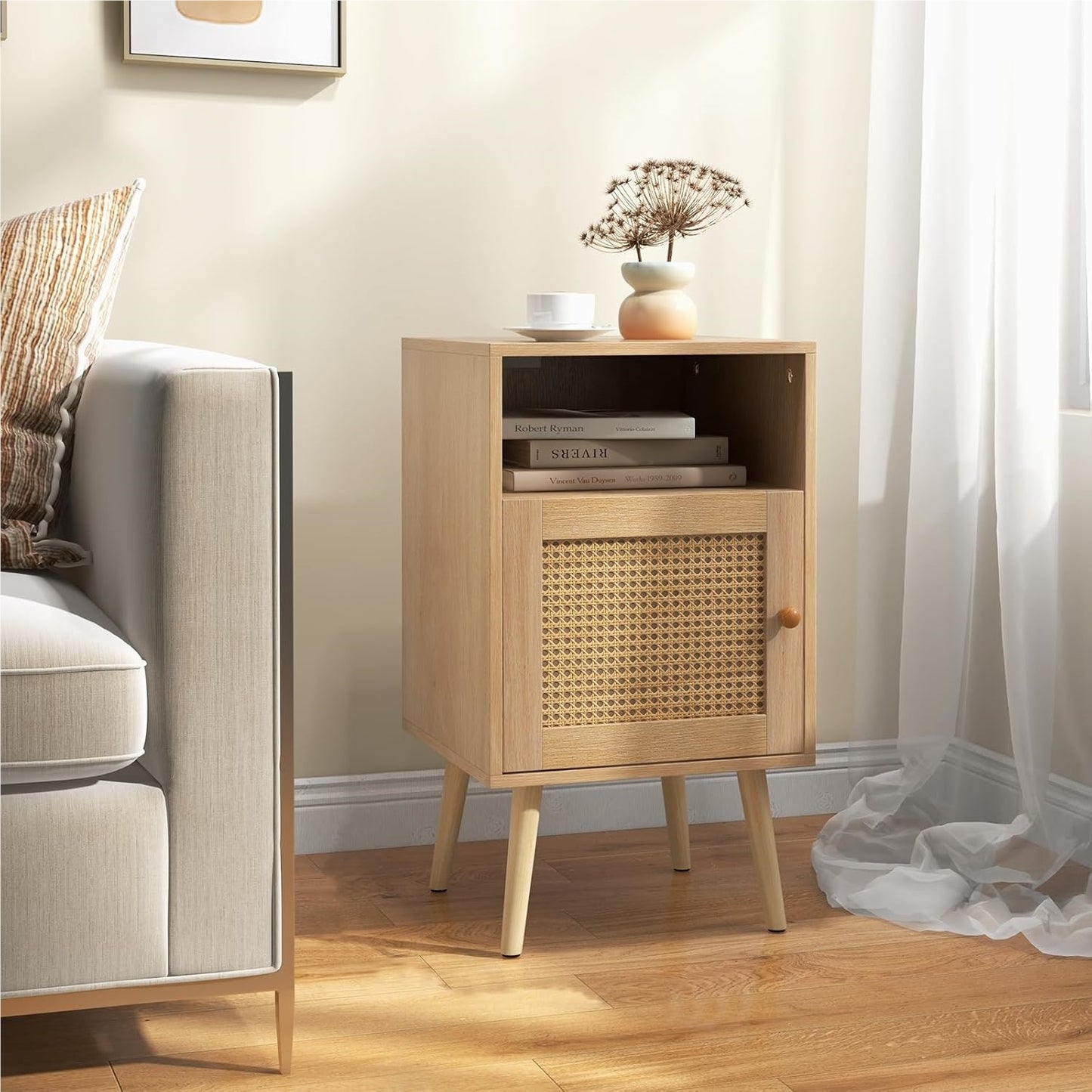 Nachtkastje – Bedkastje – Bijzettafel – Opbergkastje – Houten Kastje – Set Van 2 – Rattan Deuren – Stevige Dennenhouten Poten
