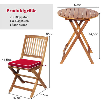 Bistroset – Tuinset – Balkonset – Eettafelset – Tuinmeubilair – Inklapbaar – Acaciahouten 3-delig met Rood Kussen