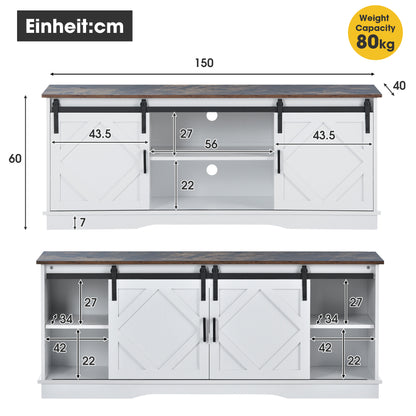 TV-meubel – Tv-meubelkast – Lowboard – Tv-dressoir – Landelijke Tv-meubel – Wit – Schuifdeuren – Verstelbare Planken – 150x40x60 cm – Houten Look